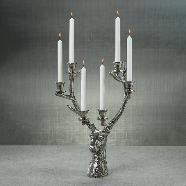 The Stag Head 6-Tier Candleholder In Silver Antique Finish. Description: 14 in x 6 in x 20 in - Material: Alloy Whether...