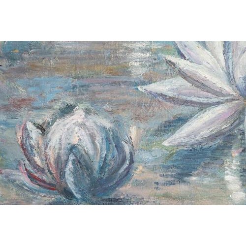 Oil on canvas depicting water lilies by Evelyne Luez, 20th century. 20th-century oil on canvas depicting water lilies by...