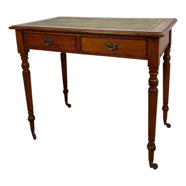 Antique English Style Wooden Writing Table with Leather Top and Drawers, 1930s For Sale