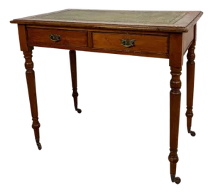 Antique English Style Wooden Writing Table with Leather Top and Drawers, 1930s