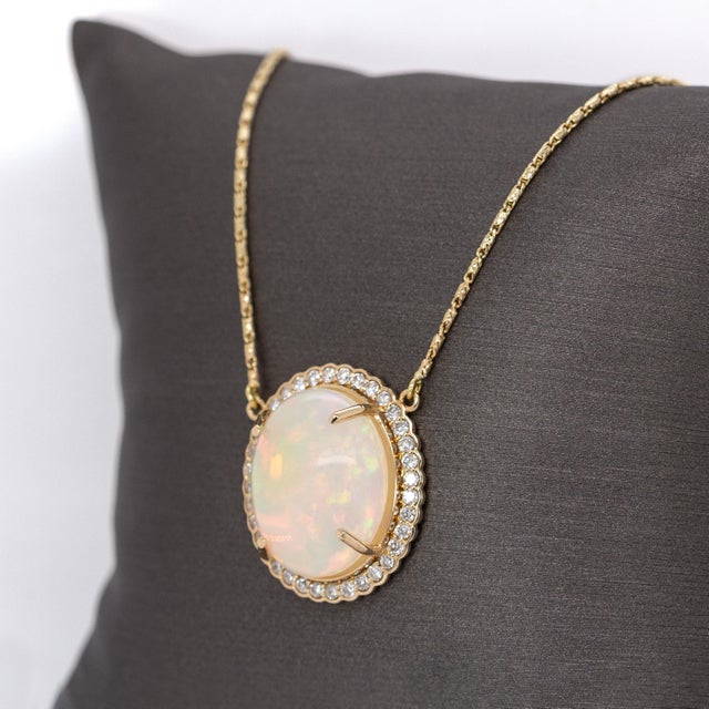 2020s 6.36cts Ethiopian Opal Pendant With Natural Diamonds Halo in 14k Solid Gold For Sale - Image 5 of 8