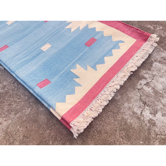 Handmade Cotton Vegetable Dyed Rug, Sky Blue and Pink Geometric Dhurrie-8'x10' For Sale - Image 9 of 13