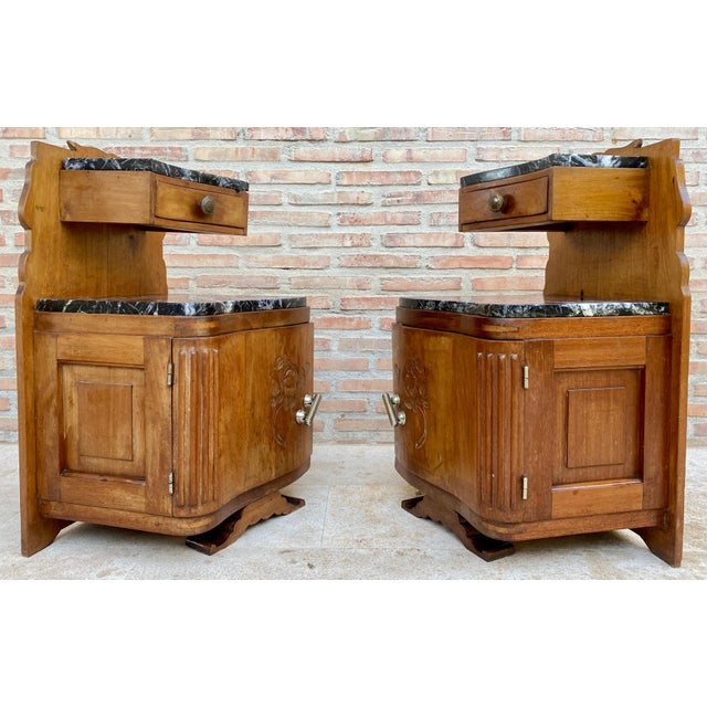 Wood Art Nouveau Style Carved Nightstands or Bedside Tables with Marble Top, 1930, A Pair For Sale - Image 7 of 18