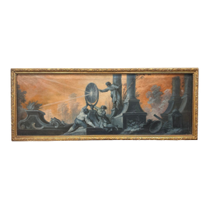 18th Century Overdoor Oil Painting on Canvas Depicting "Le Miroir De Buffon" or “L’Optique” After Jacques De LaJoue (1687-1761)