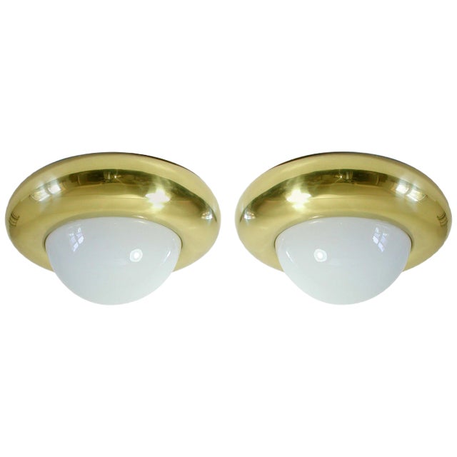 Mid-Century Italian Brass & Glass Flush Mount Ceiling Light from Valenti Luce, Milano For Sale