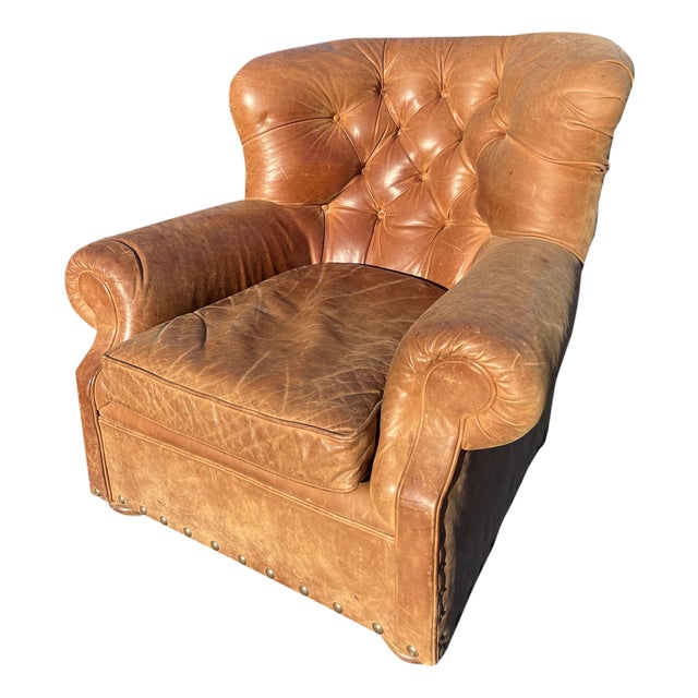 Restoration Hardware Leather Tufted Chair Seating Chesterfield Style With Brass Nail Heads For Sale