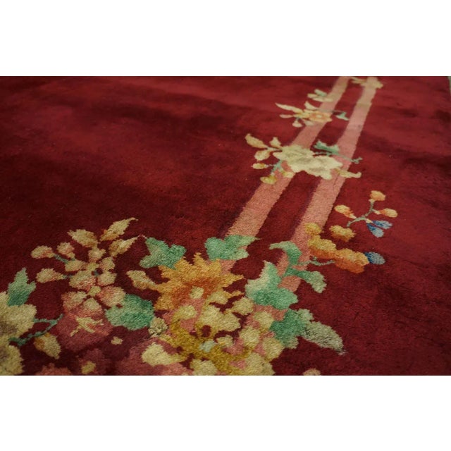 1930s Beautiful Red Color With Deliciated Floral Design Antique Chinese Art Deco Rug For Sale - Image 5 of 9