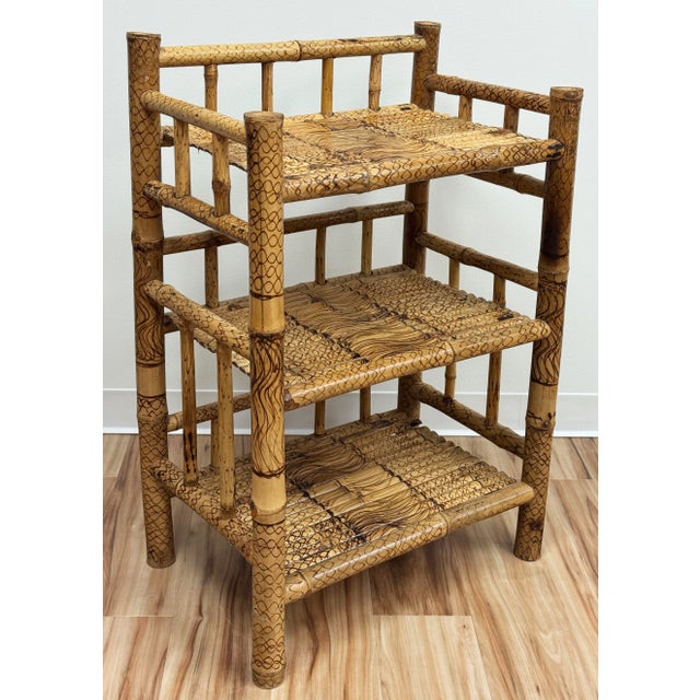 Mid 20th Century Vintage Scorched Bamboo Three Tier Etagere Shelf For Sale - Image 5 of 11