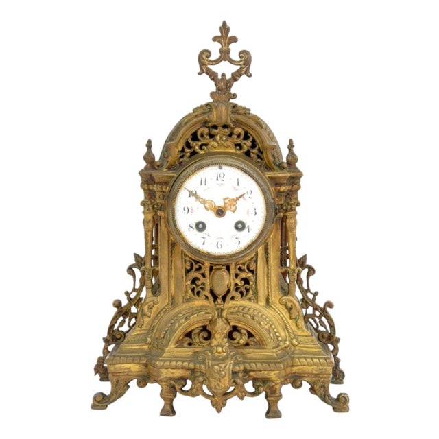 French Rococo Style Brass Mantel Clock, 19th C. For Sale