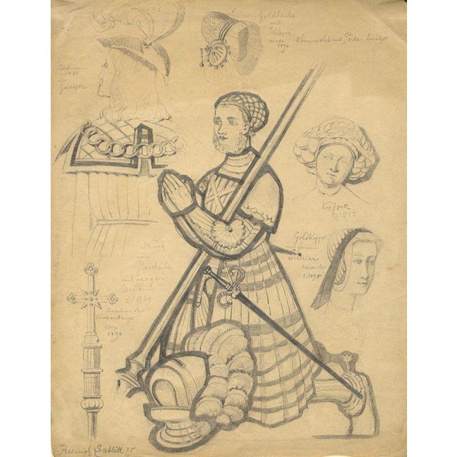 Heinrich Schlitt, German Medieval Costume Studies, 1875, Graphite Drawing For Sale - Image 5 of 5