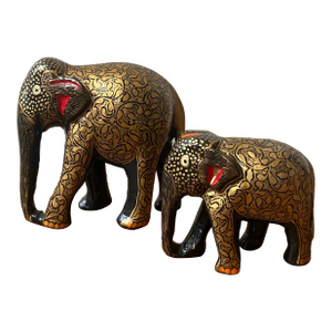 Set of 2 Indian Wooden Elephant Figurines Handpainted/Handmade in India