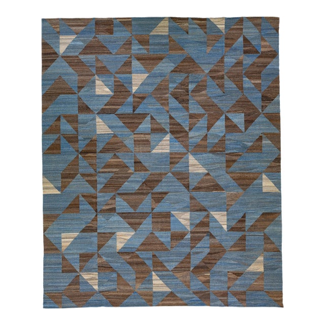 2020s Blue Oversize Kilim Wool Rug Flatweave With a Modern Abstract Design For Sale