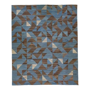 2020s Blue Oversize Kilim Wool Rug Flatweave With a Modern Abstract Design