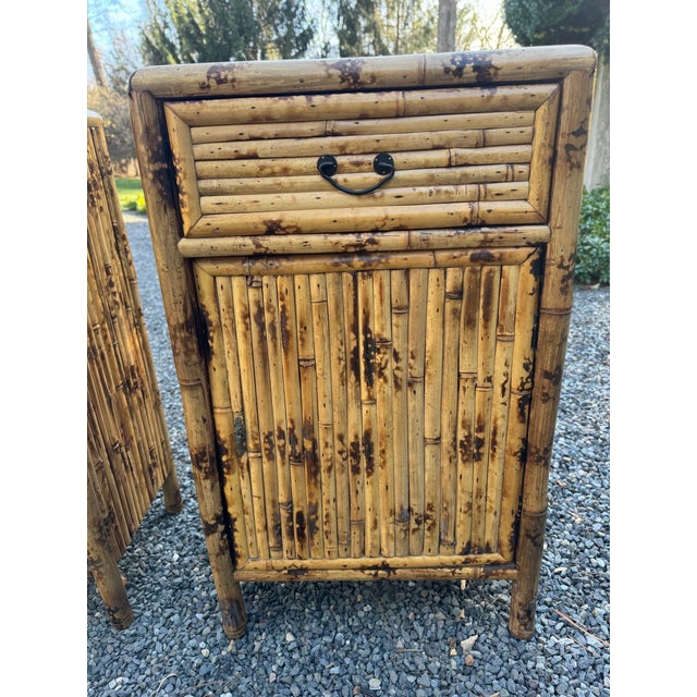 Boho Chic 1970s Pair of Vintage Burnt Bamboo Night Stands For Sale - Image 3 of 11