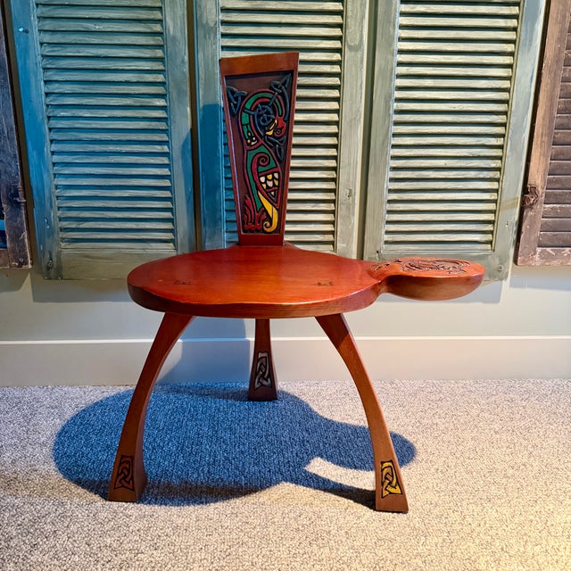 Wood Gabriel McKeagney Celtic Hand Carved Wood Bagpipe Bench Chair For Sale - Image 7 of 8