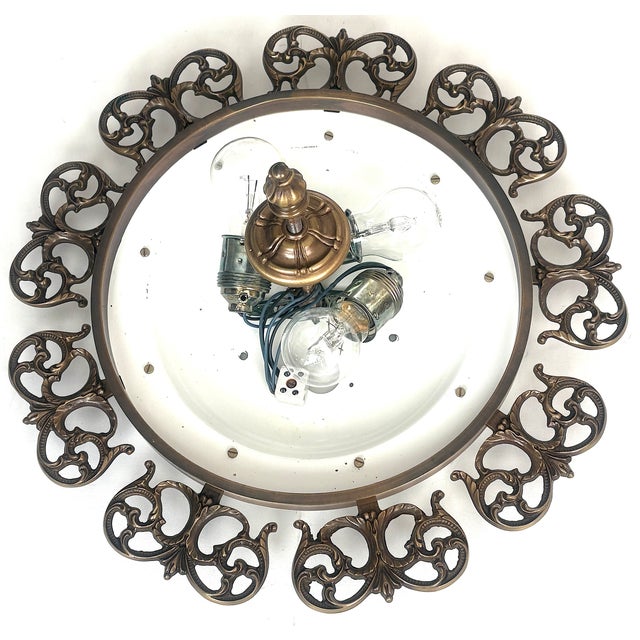 Gold Vintage Ceiling Lamp in Brass and Marbled Glass, 1950s For Sale - Image 8 of 10