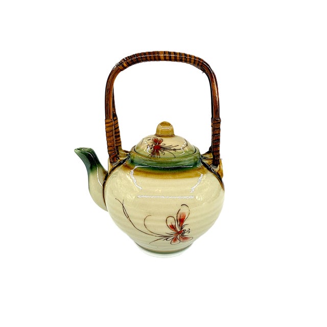 Asian Modern Bat Trang Vietnamese Ceramic Teapot, 6 Teacups & Dessert Tray With Striking Hand Painted Lotus Motif - Set of 8 For Sale - Image 12 of 17