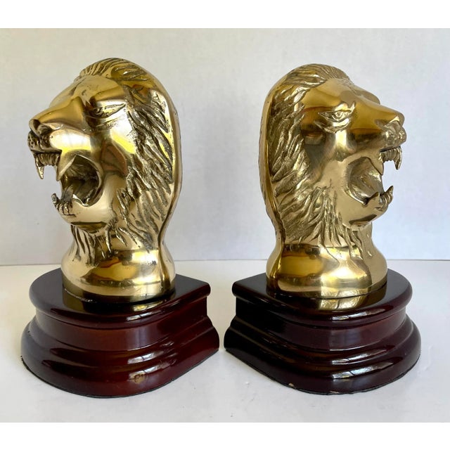 Vintage Brass and Rosewood Lion Bookends For Sale - Image 4 of 13