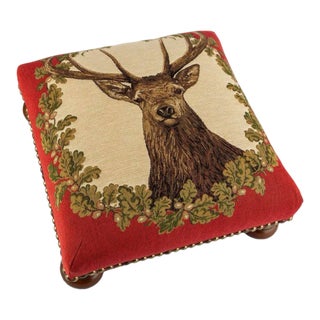 00 Stag Motif Red Tapestry Footstool With Bun Feet For Sale