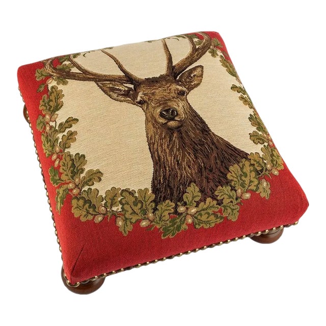Stag Motif Red Tapestry Footstool with Bun Feet For Sale