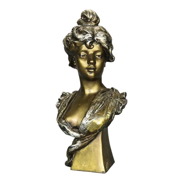 Antique Art Nouveau Gilt Plaster Portrait Bust Sculpture of Woman, C1910 For Sale