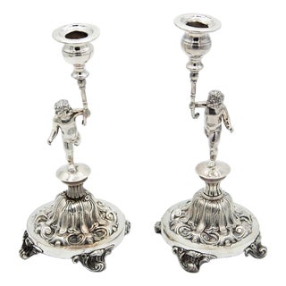 Candlesticks in Embossed Silver with Cherub Figures, Set of 2 For Sale