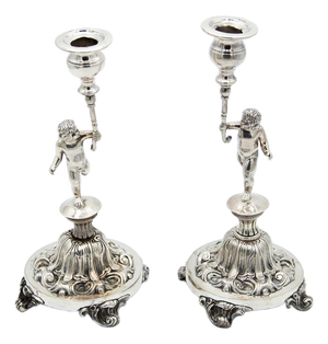 Candlesticks in Embossed Silver with Cherub Figures, Set of 2