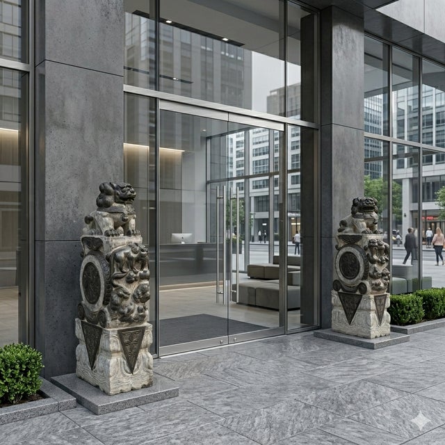 Chinese Pair Gray Stone Fengshui Foo Dogs Lions Door Block Statue For Sale - Image 9 of 10