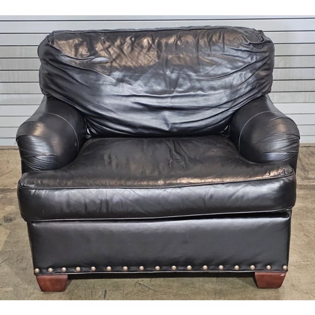 Store Item: Southwood Large Blue Leather Club Arm Chair made in North Carolina, USA Description: Chair features a high...
