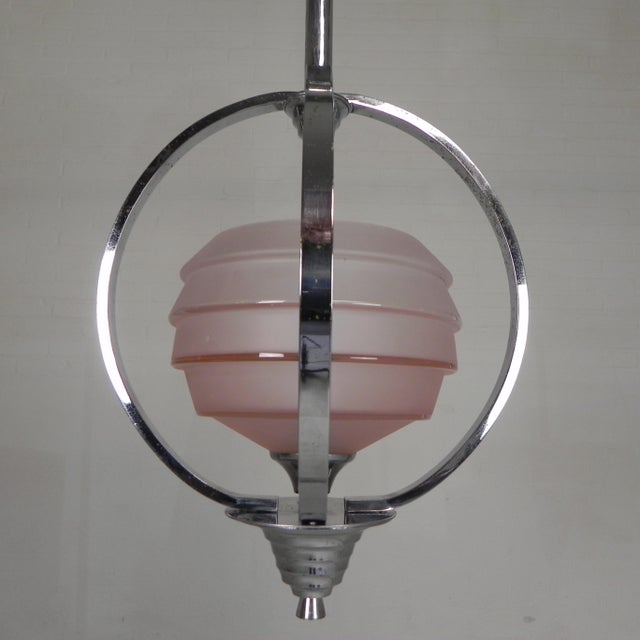 1930s Art Deco Pendant Lamp with Glass Shade and Chrome Frame, 1930s For Sale - Image 5 of 18