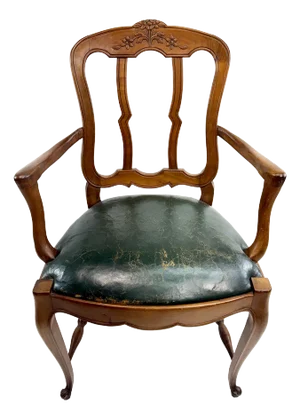 Antique French Provincial Carved Armchair With Aged Leather Seat