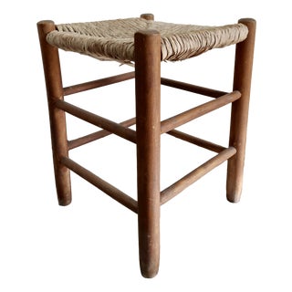 Vintage Low Wooden Stool with Woven Straw Seat, 1980s For Sale