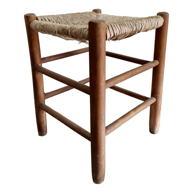Vintage Low Wooden Stool with Woven Straw Seat, 1980s For Sale