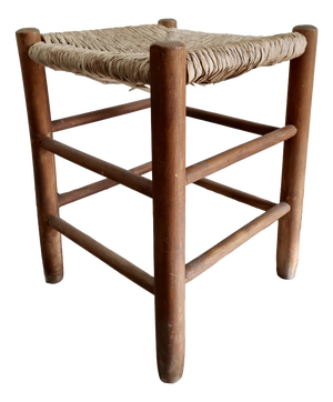 Vintage Low Wooden Stool with Woven Straw Seat, 1980s