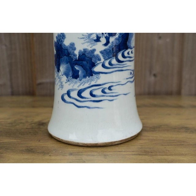 Chinese Blue and White Porcelain Sleeve Vase with Warriors and Military Procession For Sale - Image 10 of 18