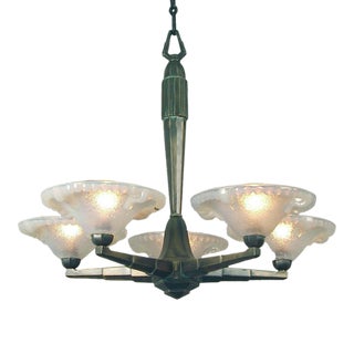 1920s or 30s 5-Light French Art Deco Bronze Patina Chandelier, Opalescent Shades For Sale