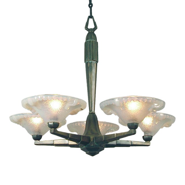1920s or 30s 5-Light French Art Deco Bronze Patina Chandelier, Opalescent Shades For Sale