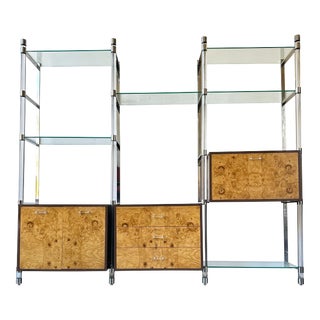 1970s Vintage Burlwood and Lucite Shelving Wall Unit For Sale