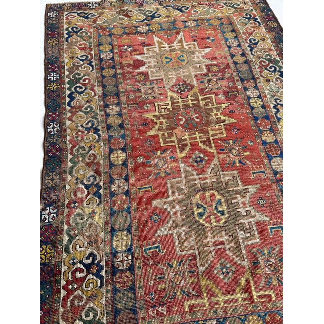 Antique Caucasian Leshgi Star with KINTSUGI Repairs Rug 3.8 x 5.6 For Sale In Milwaukee - Image 6 of 11