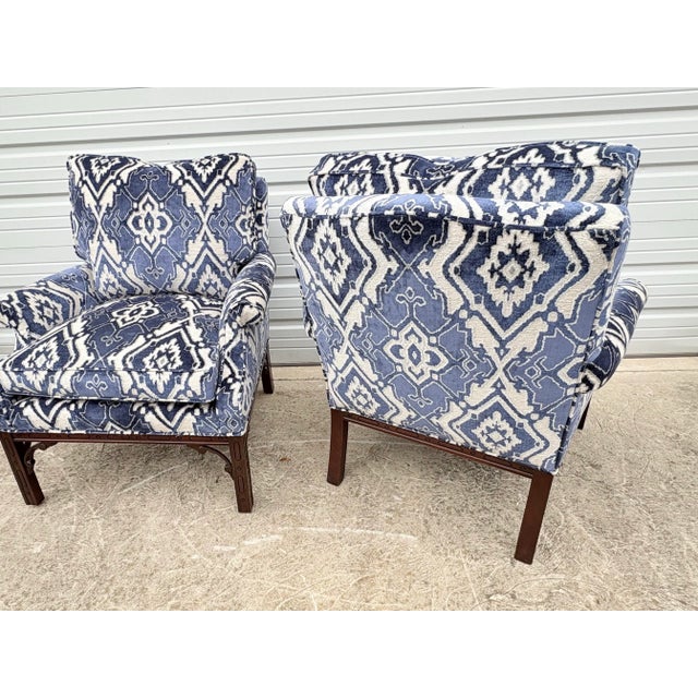 Blue Vintage Pair of Newly Upholstered Cut Velvet Club Chairs. For Sale - Image 8 of 12
