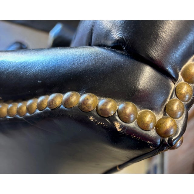 Vintage Antique Leather Nailhead Brass Wing Back Chair Library Baker Hancock Era For Sale - Image 13 of 14
