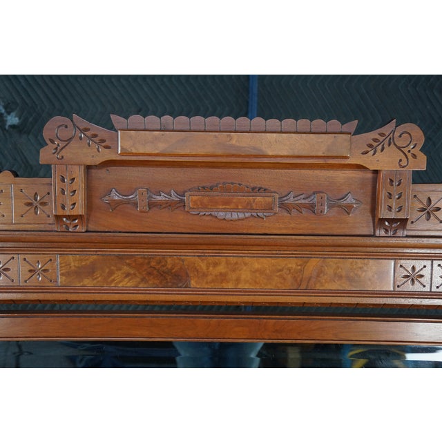 Antique Victorian Eastlake Walnut Burl Marble Top Dresser & Mirror Vanity Chest For Sale - Image 11 of 15