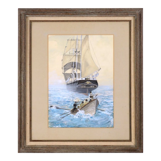 Rowing to Shore - Nautical Seascape in Gouache on Paper by George A. Robbins For Sale