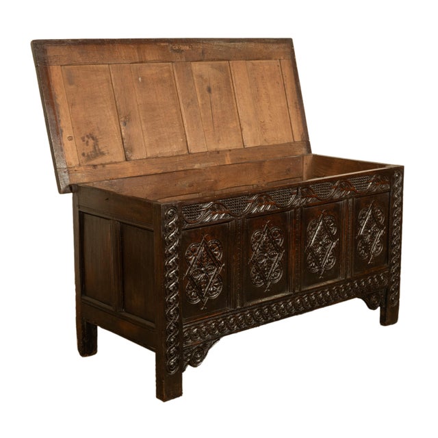 Antique 17th Century Jacobean Charles II Dark Oak Carved Coffer Chest 1680 For Sale In Portland, OR - Image 6 of 16