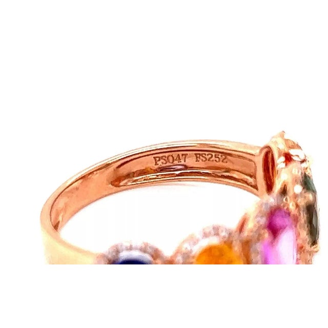 Multicolor Sapphire & Diamond 18k Rose Gold Band Ring - Size 6 For Sale In Miami - Image 6 of 7