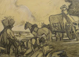 Jean Baptiste Grancher, French Pencil Drawing - the Hay Harvest