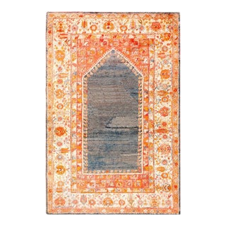 1880s Gray Orange Medallion Hand Knotted Antique Turkish Oushak Prayer Rug 4' X 6' Angora Wool Carpet For Sale
