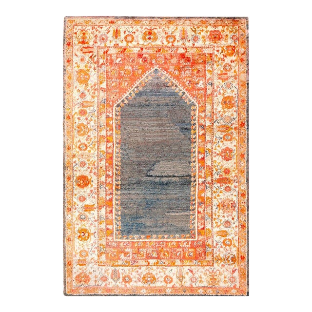 1880s Gray Orange Medallion Hand Knotted Antique Turkish Oushak Prayer Rug 4' X 6' Angora Wool Carpet For Sale