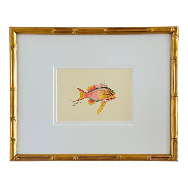 Original Hand-Painted Pink Fish Painting, Framed For Sale