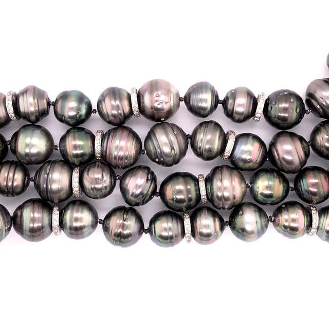 Gemstone Black Baroque Pearl and Pave Diamond Long Chain Necklace. 100 14.9-12.1mm Pearls For Sale - Image 7 of 12